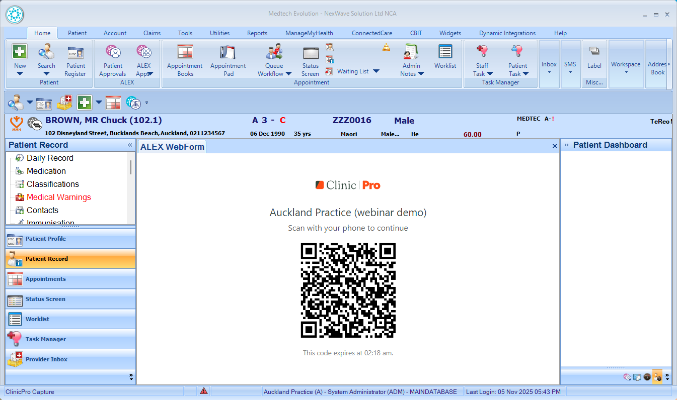 A one-off QR code on screen in Medtech Evolution, with the patient already open