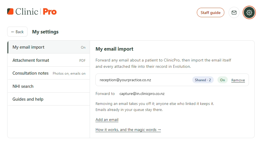 My email import, switched on, with a Shared chip showing two logins linked the same email