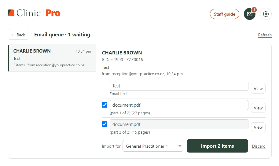 The email queue for the test patient Charlie Brown: emails on the left, the chosen one on the right with a PDF split into two parts, Import for and the Import button