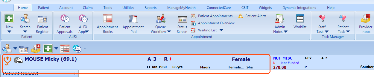 Patient record open in Evolution