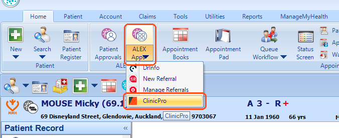 The ALEX Apps menu with ClinicPro highlighted