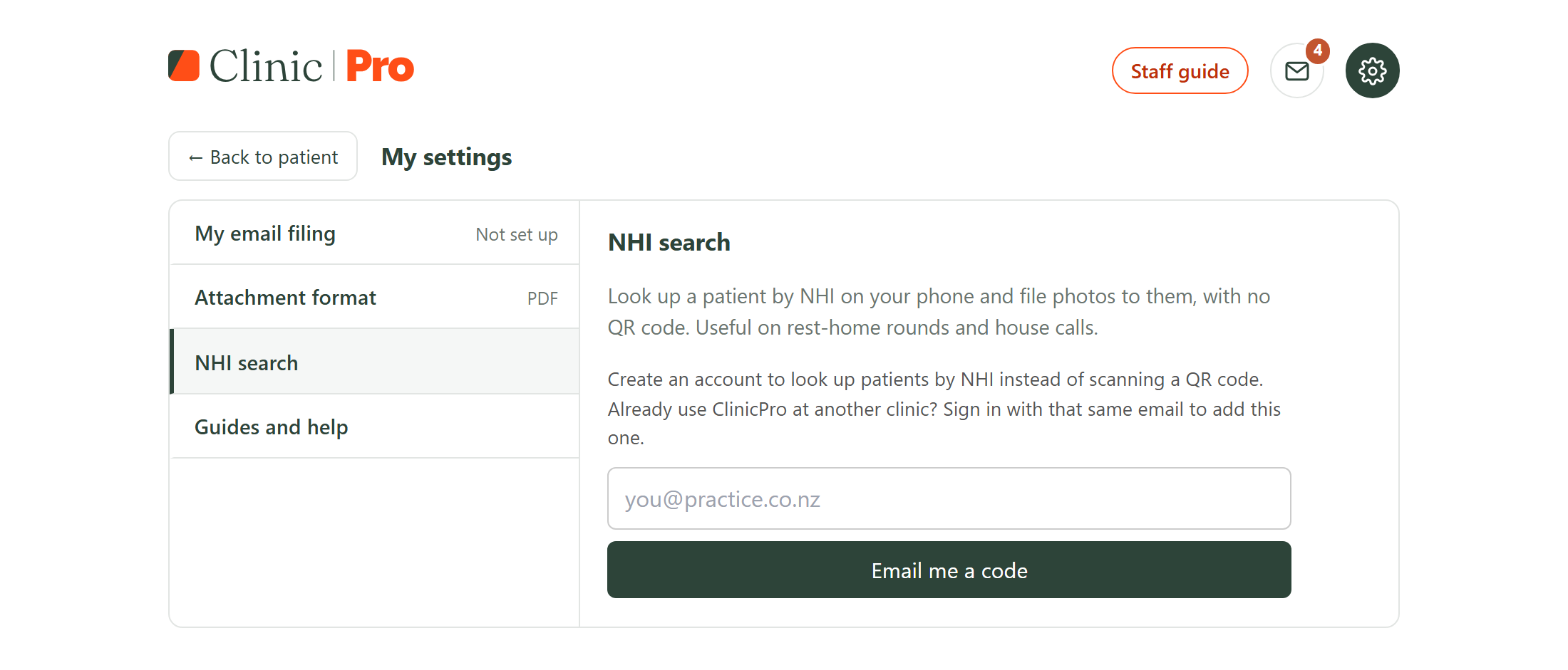 My settings, NHI search
