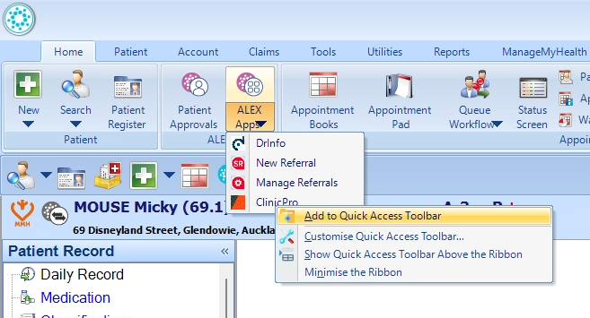 Right-click ClinicPro and choose Add to Quick Access Toolbar