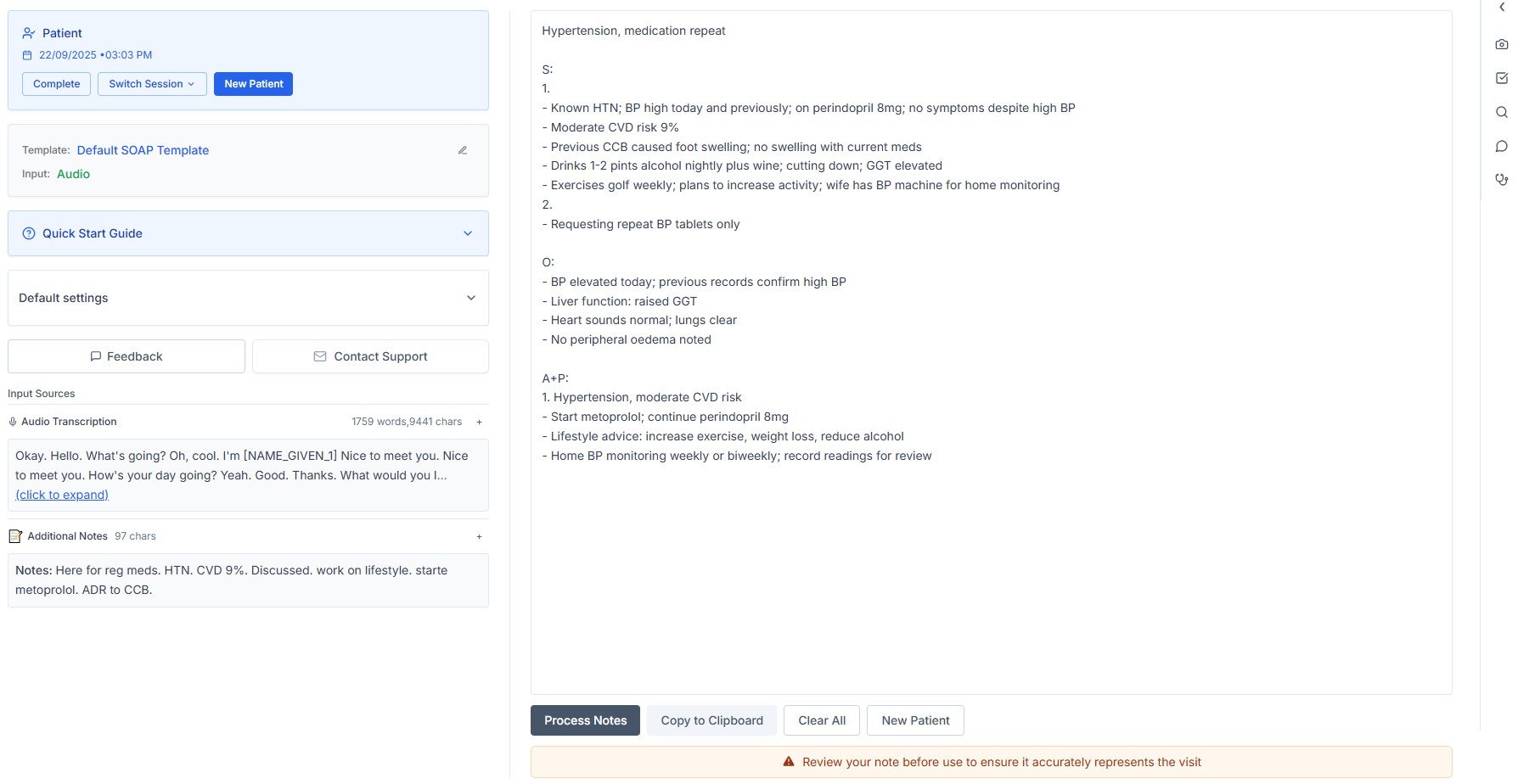 Generated note with editable sections
